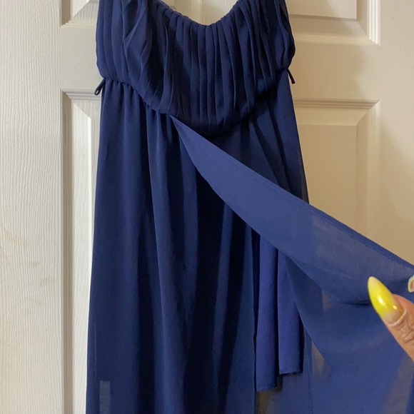 Navy strapless flowy high front long back dress - Picture 4 of 4